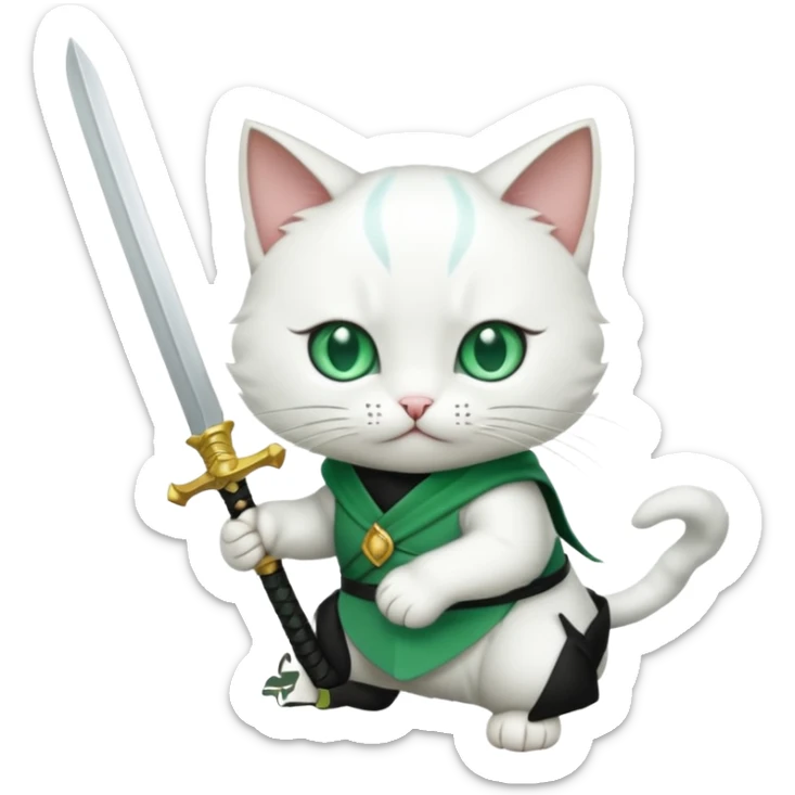 un gato blanco con reeferencia a rororoa zoro "una espada en cada mano y una en la boca" sticker