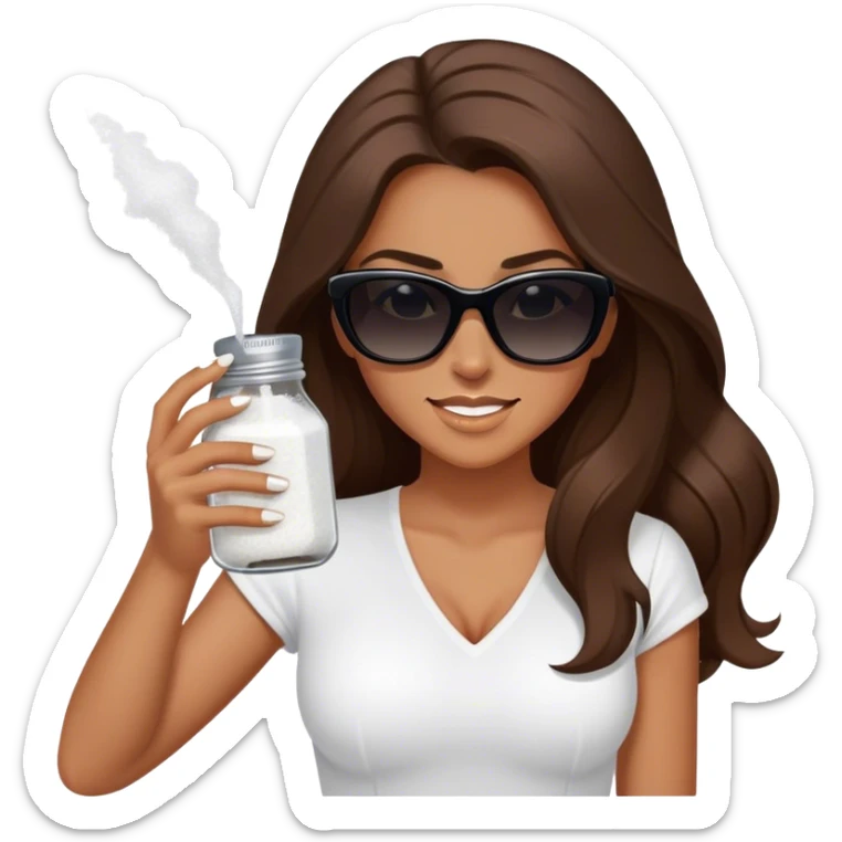 sassy woman with long brown hair, tan skin, and dark sunglasses holding a salt shaker filled with white table salt. She is shaking and sprinkling the salt. She is smirking.  sticker