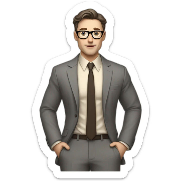 Full height Pale skinned Fit Man With dark brown hair in classic gray suit, beige office shirt, dark gray tie, and vintage glasses. Thrumbs of his palms directed up sticker