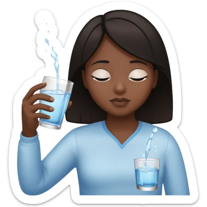 The central figure is an emoji of a person with dark hair, eyes closed, hold a glass but dont show the glass sticker