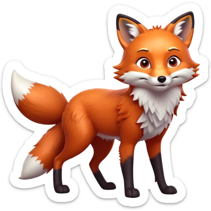 cinematic-[fox]-realistic-full-body-standing on all fours-emoji,-tail-tucked-close,-head-tilted-dramatically,-fox-[red]-fur,-simplified-yet-realistic-focused-features,-highly-detailed,-glowing-with-an-almost-sarcastic-glow  expressive eyes sticker