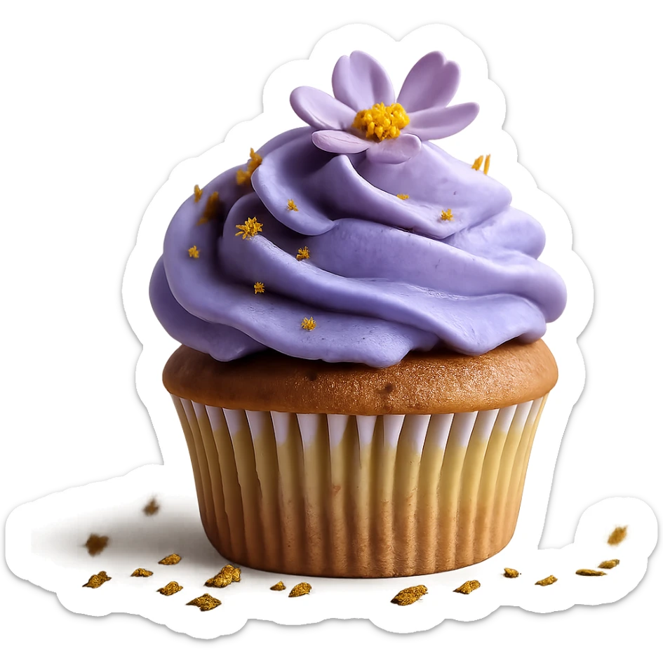 Change the icing to taro flavor with light purple color, creamy and slightly glossy texture, keep the realistic cupcake and accessories, photorealistic style, transparent background. sticker