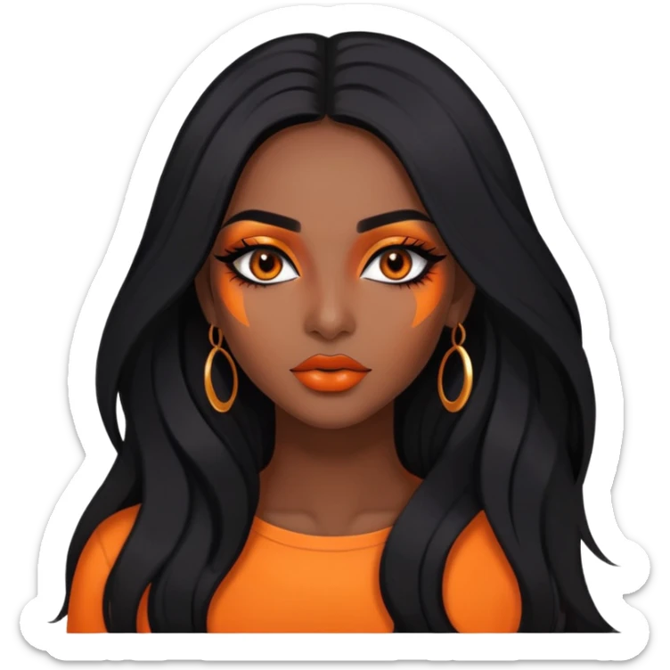 indian girl, dark skin, long black hair, orange underneath hair, baddie,pretty, makeup, lipliner, black eyeliner, sticker