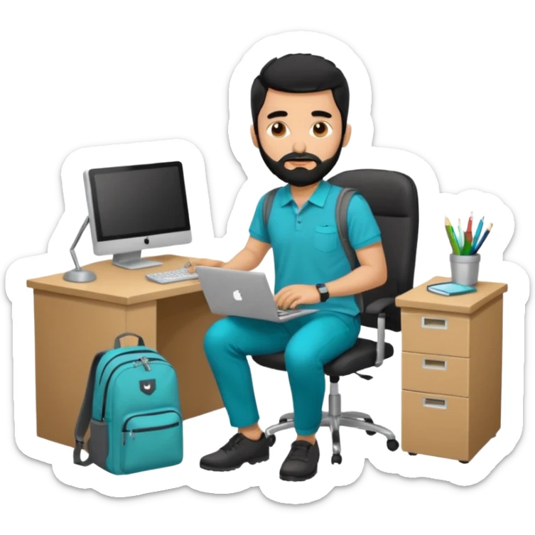man with blackshot male hair and black hair and beard and hes in a office with his grey backpack on the floor and he has a tourquos polo shirt with backpack on floor on desk computer and grey pants sticker