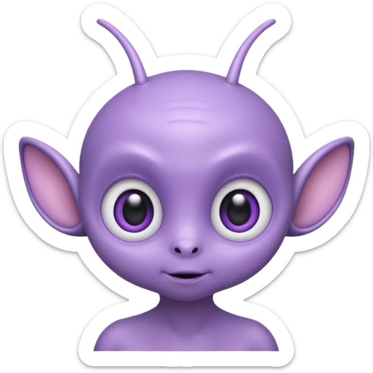 Portrait of a cute alien with round head, big shiny eyes, pastel purple skin, small antennae, friendly expression, cartoon style sticker