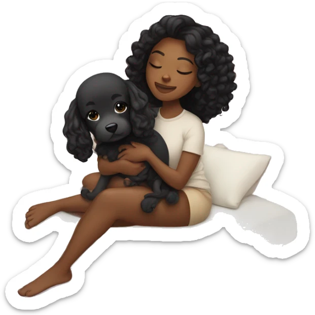 Black girl , black straight hair curled up in bed with a puppie sticker