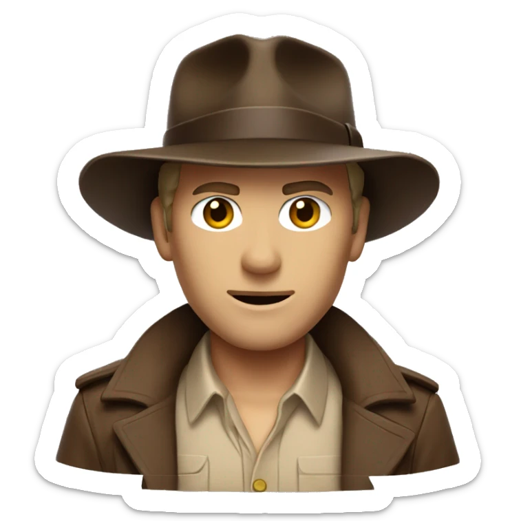 White Indiana Jones with a dark brown jacket and a brown hat, beige shirt sticker