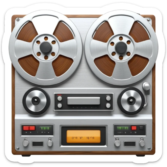 3D render of Reel-to-Reel, vintage 1980s audio equipment aesthetic, tactile analog buttons, silver metallic face with two large brown magnetic tape wheels, mixed wood grain and brushed aluminum textures, Apple emoji style, isolated on white background --v 6.0 sticker
