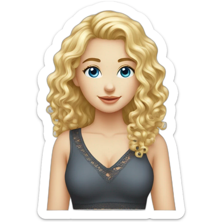 caucasian long curly blonde blue eyes girl v-neck laced top sticker