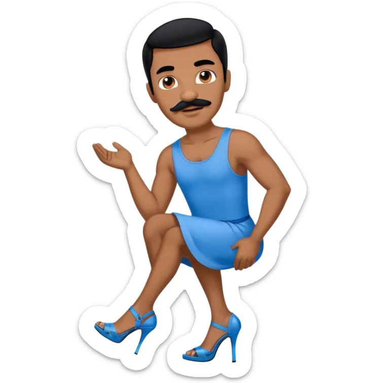 Man in a blue dress and blue strappy high heels with black hair and black mustache and brown skin sticker