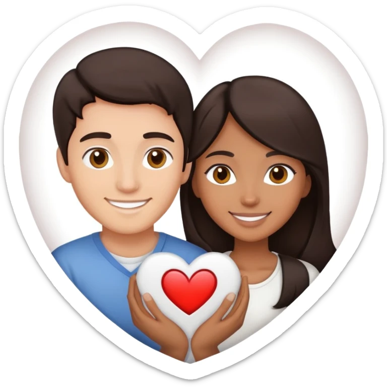 A couple with dark brown hair and mixed skin tone inside a white heart sticker