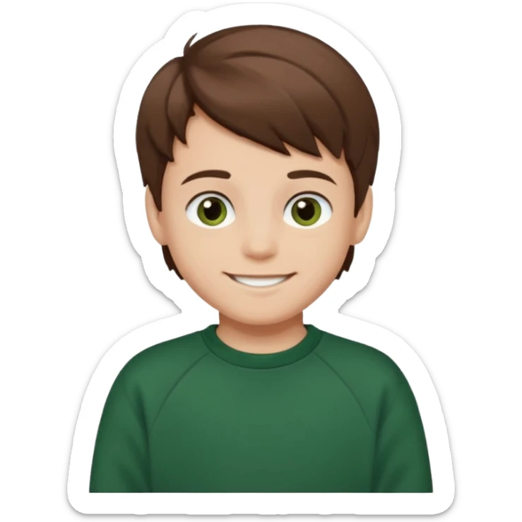 a smiling boy with brown hair and white skin he has dark eyes and he is wearing a dark green sweatshirt sticker