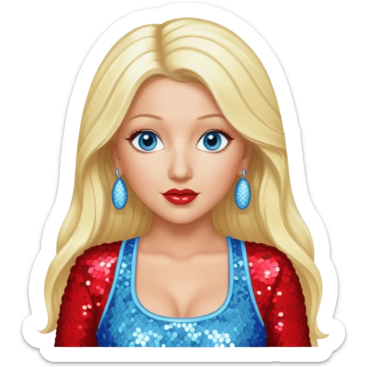 Christina Aguilera with blue eyes, long blonde hair, light blue sequin crop top, red sequin pants sticker
