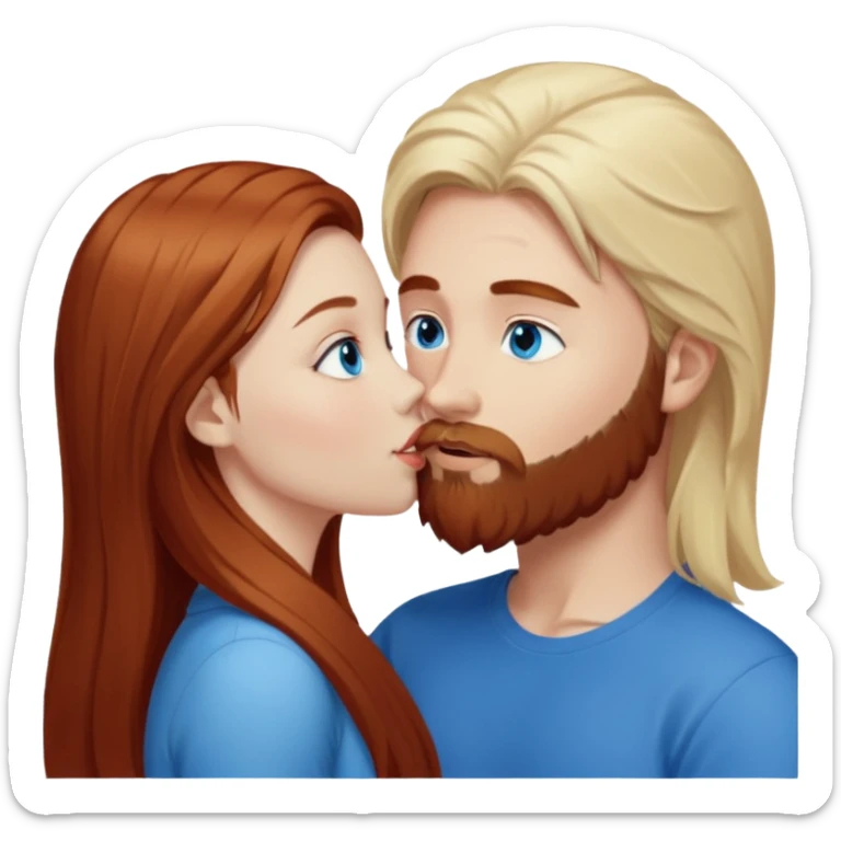 Long-pale-blonde hair, beautiful girl with blue eyes facing, kissing reddish-brown hair-beard boy blue eyed white guy sticker