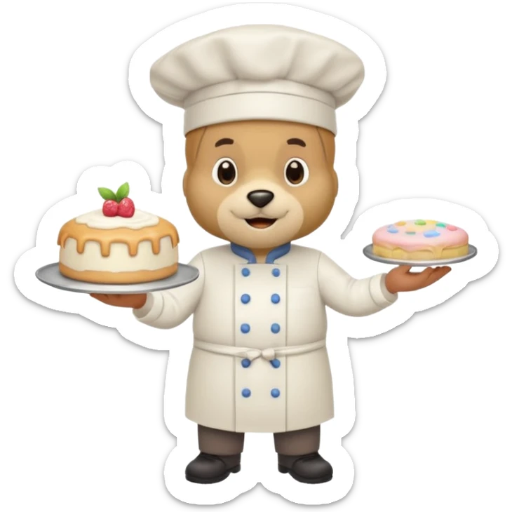 quiero un oso de pie con un delantal de pasteleria y un jorrito de chef que una mano tenga una manga oastlera sticker