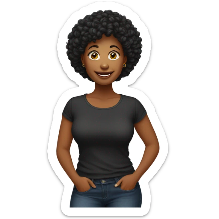 mulher, 54 anos, gorda, feliz, cabelo liso preto, na altura do ombro, olhos castanhos, vestindo calça leg e camiseta  preta sticker