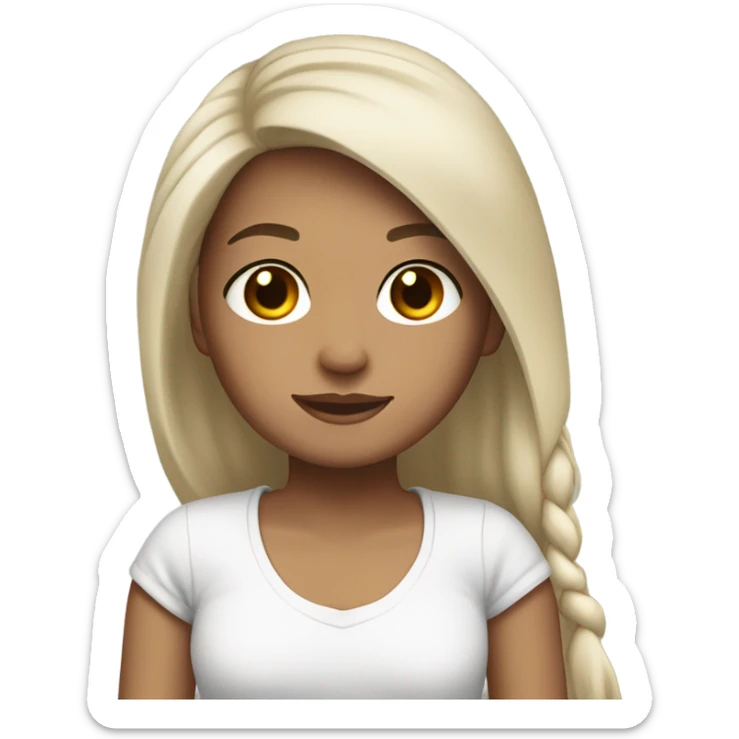 girl with light skin, long black hair with brown highlights, brown eyes, and white t-shirt sticker