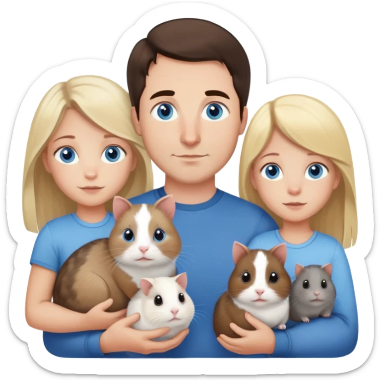 Family portrait with father with dark brown hair and blue eyes, mother with light brown hair and blue eyes, three blonde little girls with blue eyes, plus a grey cat and two guinea pigs sticker