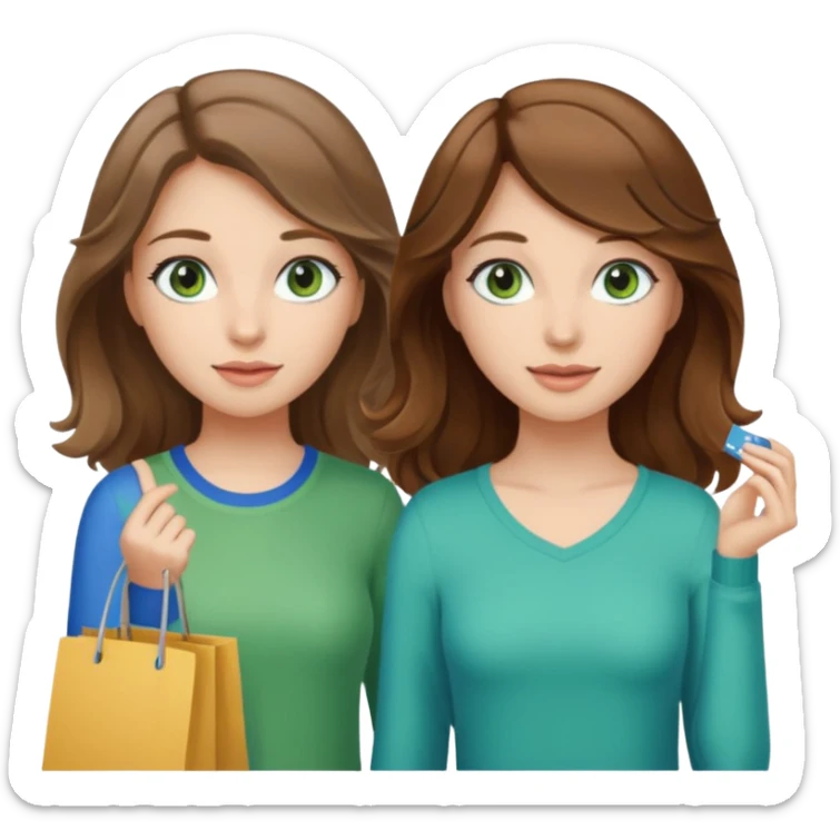 make me and my best friend togheter i have brown hair that falls on my shoulders and BROWN eyes and she has really long wavy brown hair with a little blonde and green/blue eyes we are shopping and i have BROWN eyes and i am taller than her sticker