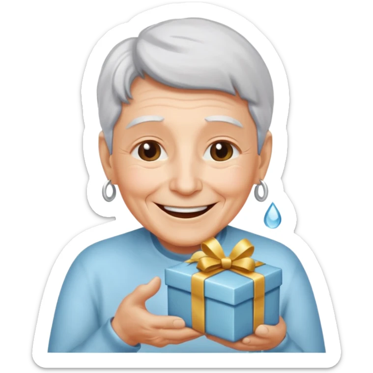 Una persona mayor recibiendo un regalo plateado. Se muestra sonriente y alegre los ojos llorando de felicidad se ve rejuvenecido sticker