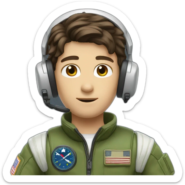 A young white male tennager with dark brown hair and brown eyes in a pilot suit and wearing a green Pilot headset sticker