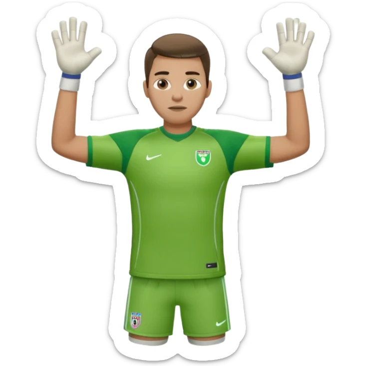 goalkeeper, standing, wearing a green shirt, shorts, socks and football trainers, with arms raised sticker