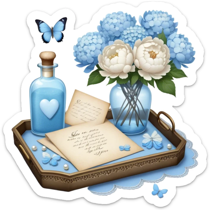 On a lace-trimmed tray rests an ornate glass bottle filled with a soft blue love potion, next to an aged love letter sealed with a wax heart. A delicate pearl butterfly gently perches on the edge of the envelope, while petals of white peonies and pale blue hydrangeas are scattered around. sticker