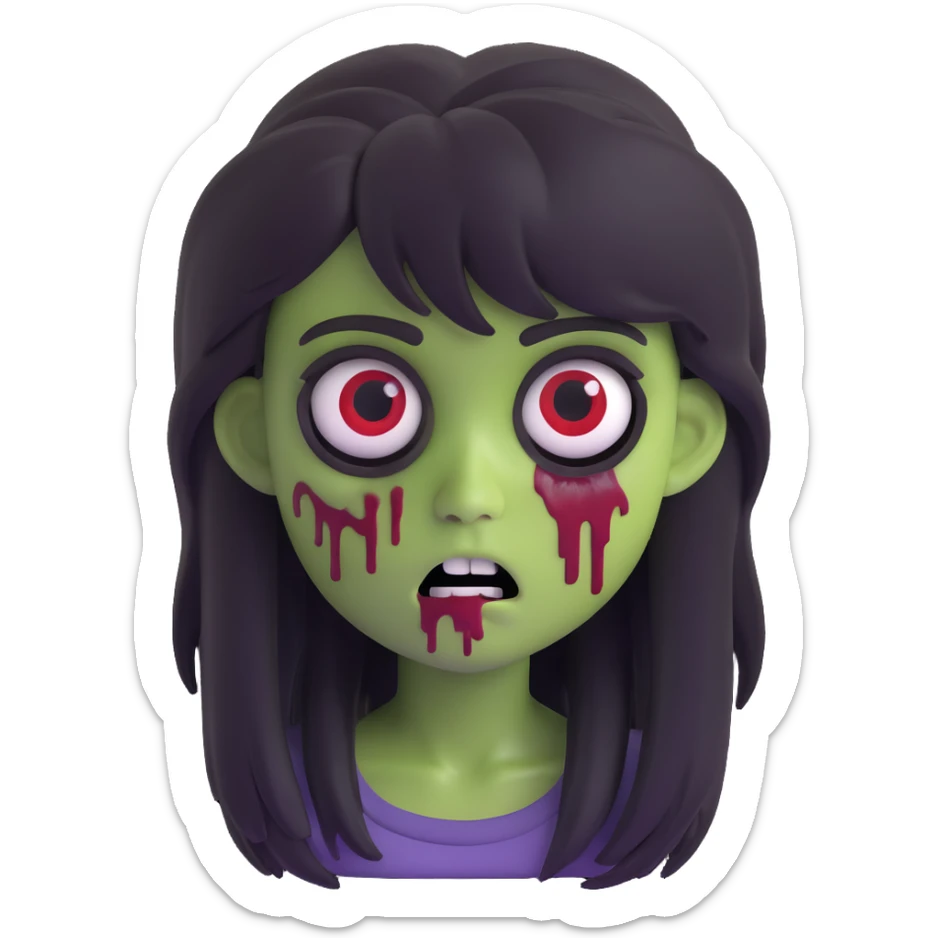 memoji girl zombie, long black emo hair, shaggy, dark, spooky, creepy face sticker
