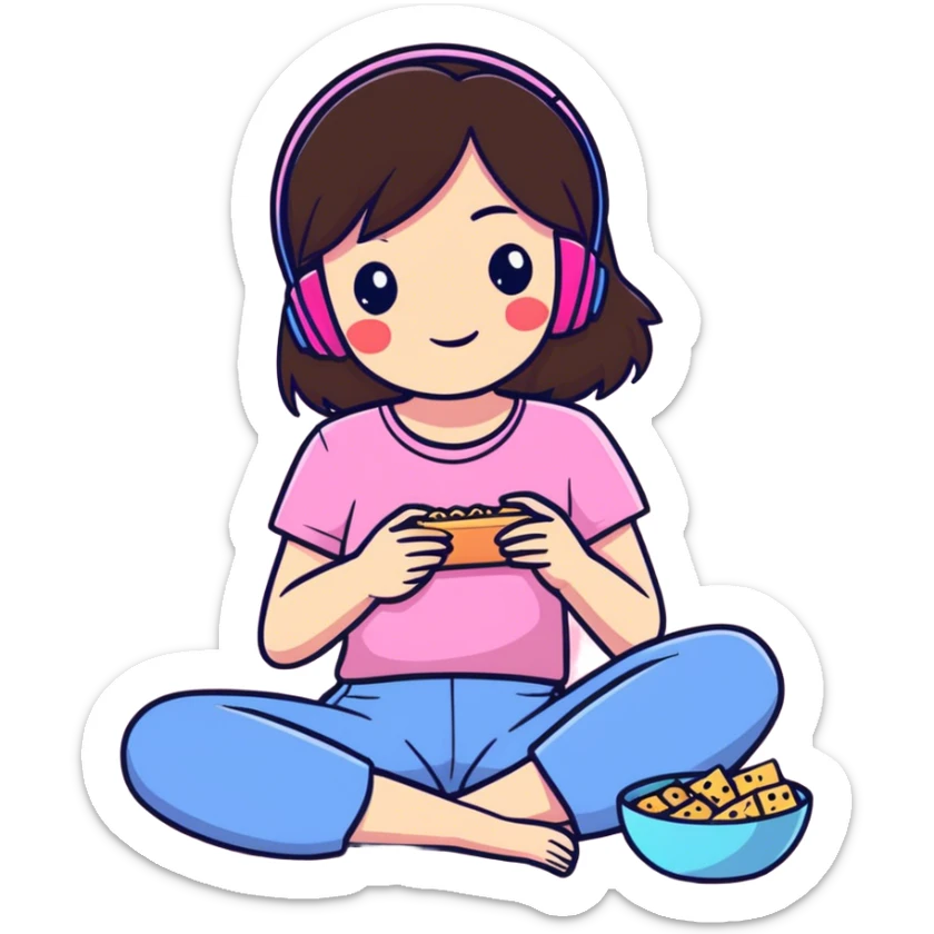 Brunette gamer girlie relaxing wearing pink and eating snacks sticker
