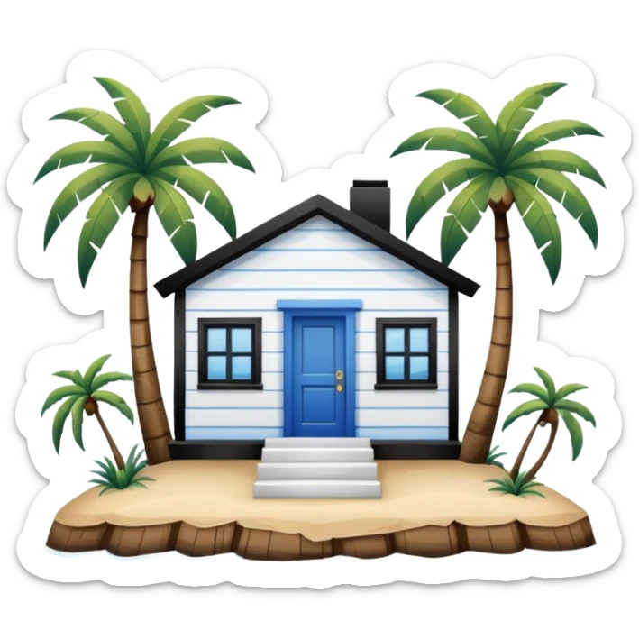 A square white and blue stripe house horizontally with wooden door on a island with palm trees sticker