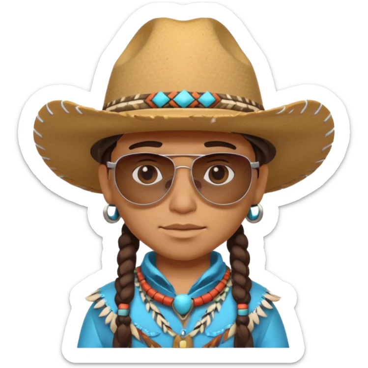 cute Indigenous tribal character portrait, head and shoulders only, cowboy hat, sunglasses, tribal accessories, confident expression, 3D cartoon, mobile game icon style, clean background, no text, no watermark
 sticker