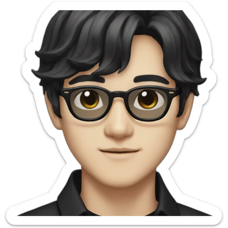 Kim Taehyung with black hair and black glasses with a black shirt and light beige skin sticker