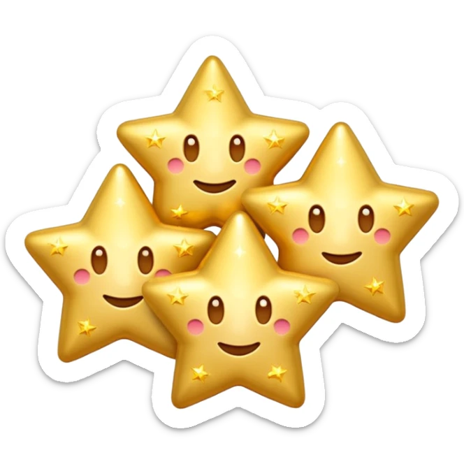 3D iPhone style emoji of classic sparkles, three golden shining stars with glowing edges, isolated on white background, soft shadows, high detail, playful and cute. sticker