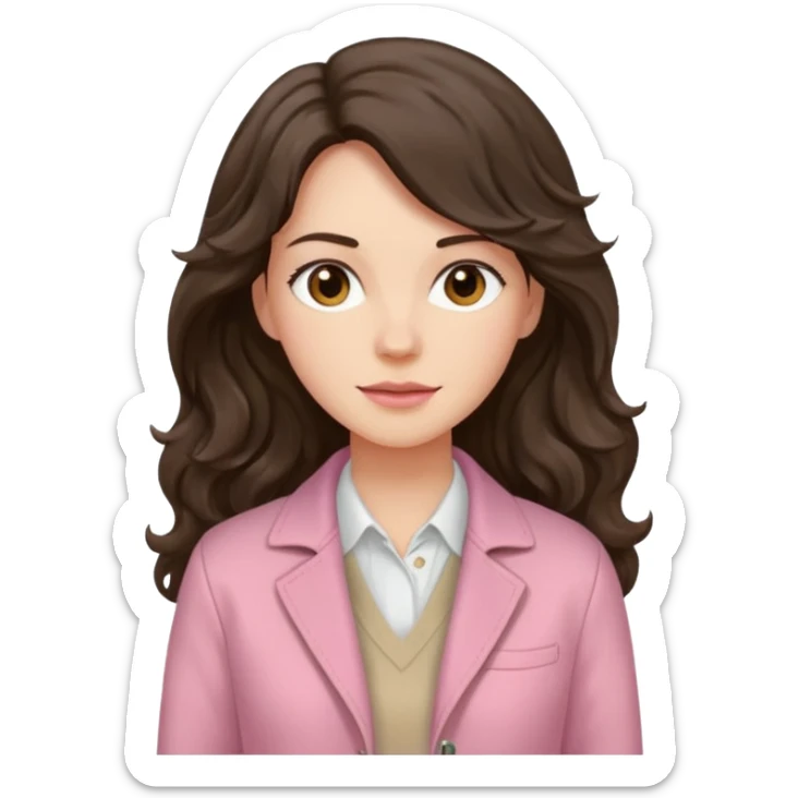 Portrait of woman with dark long wavy hair in white shirt, pink pullover and beige jacket sticker