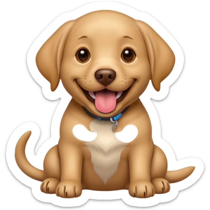 Happy light brown Labrador sitting on beige background, wide smile with tongue out, looking at camera, playful and curious expression, professional portrait style sticker