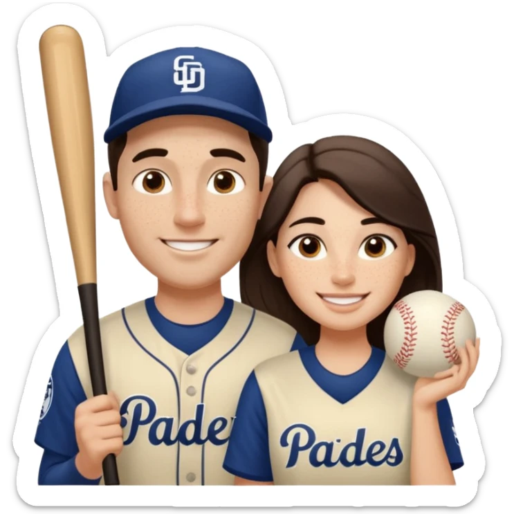 *White* Smiling couple. Woman has big cheeks and a lot of freckles on the nose. long brown hair. Man has black and very short hair and prominent eyebrows with egipcian nose. Both are wearing “Los Padres” baseball jerseys and with a sign that says “Go Padres!” sticker