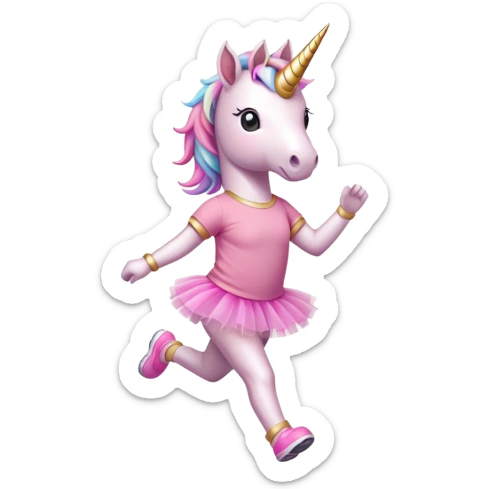 anthropomorphised female unicorn in tutu and pink t-shirt jogging upright relaxed pose sticker