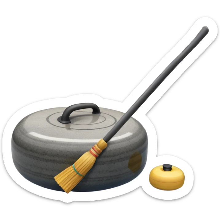 An icon showing a detailed close-up of a curling stone sliding across the ice, with a broom in motion beside it. The background features an indoor stadium with cheering spectators on the stands. Transparent background captures the strategy and focus of curling. sticker