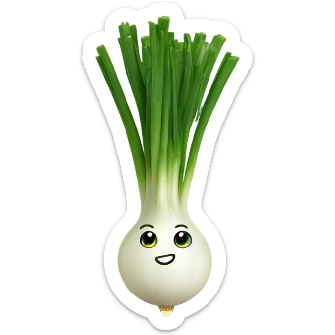 Smiling green onion with a bundle of long, thin green stalks as hair, big expressive eyes, and a cheerful cartoonish face on the white bulb section. Vibrant and playful design. sticker