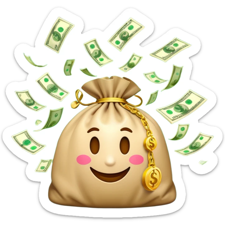 

3D emoji style, big bag of money, flying dollar bills, rich casino vibe, smooth lighting, high detail, clean edges, transparent background



 sticker