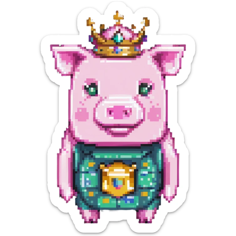 full body pink blocky pig with square head and square body wearing a crown sticker