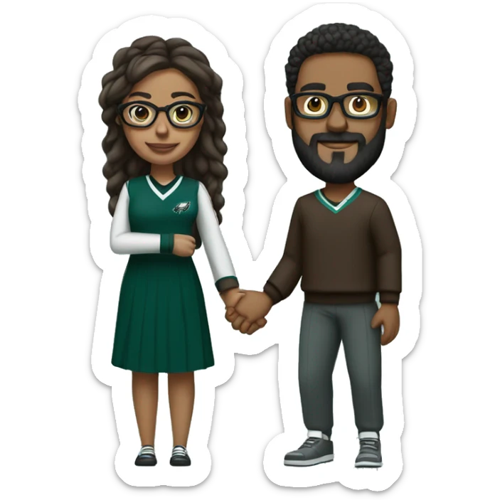 Brown guy with beard mustache and brown girl with glasses and her hair in a bun in Philadelphia eagles clothes holding hands sticker