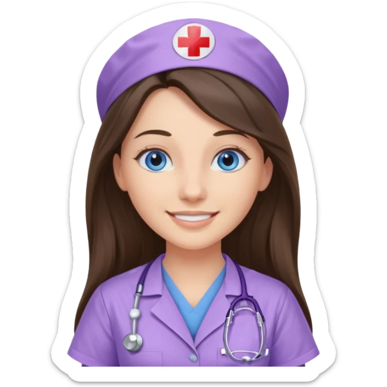 pretty brunette nurse with long hair and blue eyes in lilac scrubs sticker