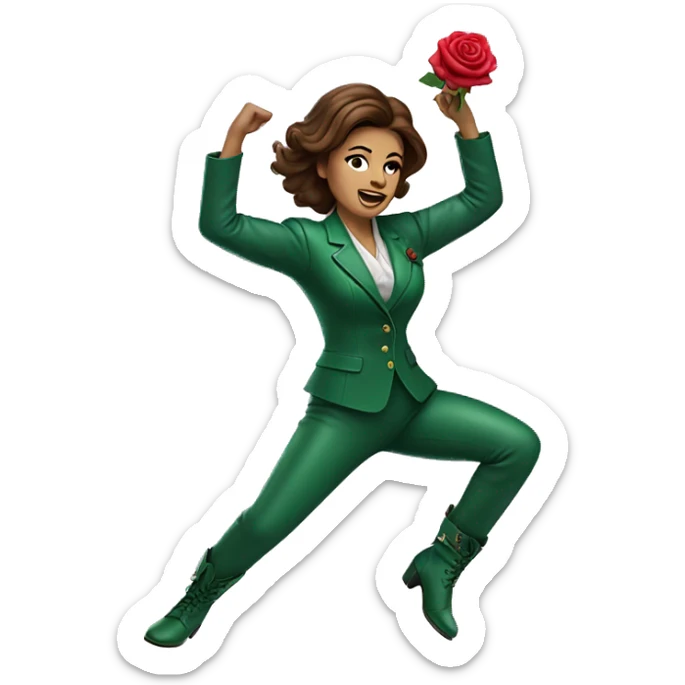 Woman with brown hair in green suit with green leather boots with rose on stomach dancing sticker