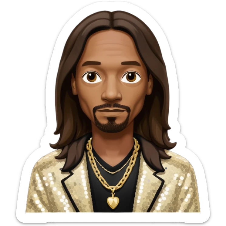 Snoop Dogg with long dark brown hair, ivory sequin jacket, black shirt with necklace sticker