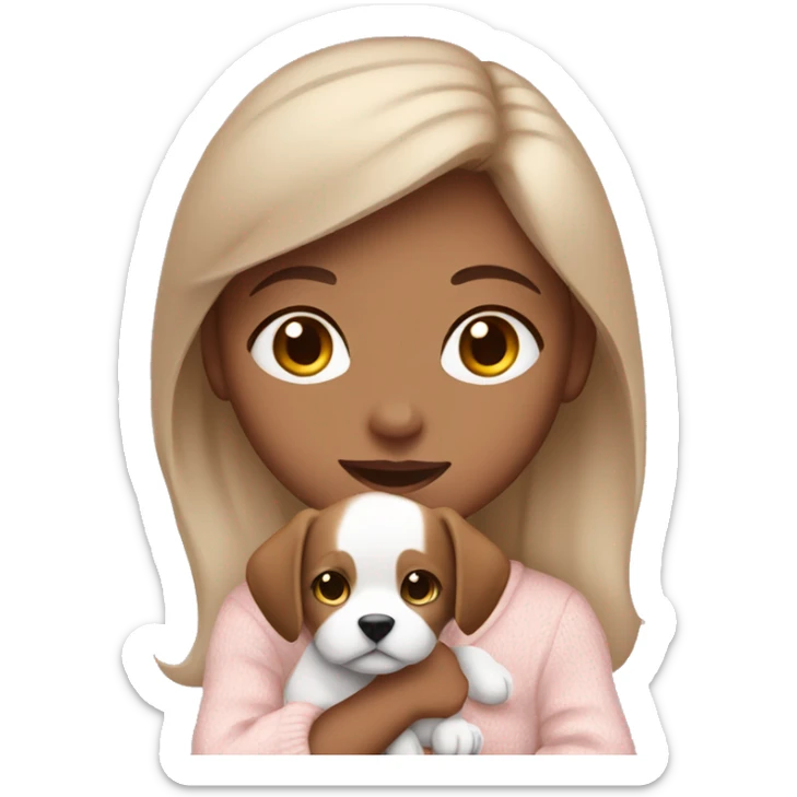 girl with brown hair and brown eyes wearing a light pink sweater and holding a white puppy sticker