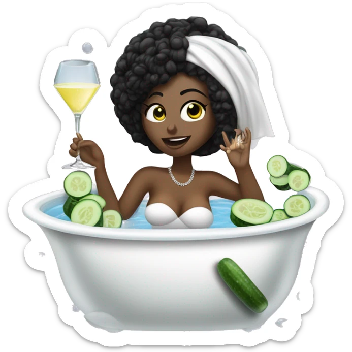 Girl with white towel wrapped around hair and cucumbers on eyes with manicure  holding a martini glass and bottle in black high heels kicking feet out in bubble bathtub  sticker