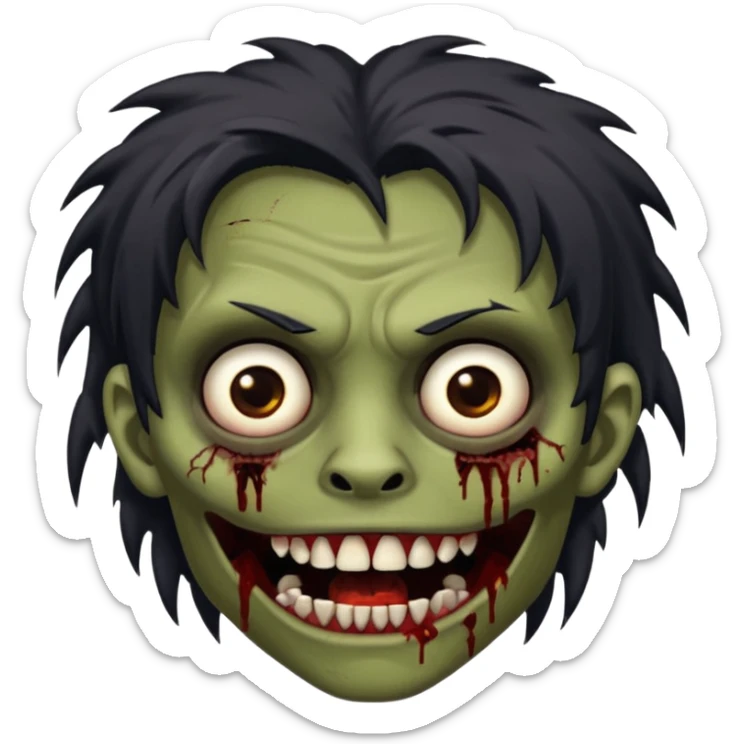 Brown-skinned zombie with messy black hair, wide centered brown eyes, dark bloody marks under the eyes, and a slightly open mouth showing crooked teeth grillz, giving a distressed, undead look. sticker