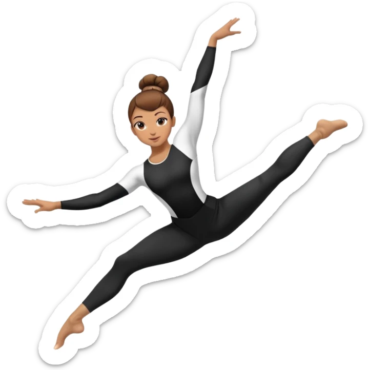 A female gymnast with brown hair in a neat bun, wearing black leggings and a T-shirt, performing an acrobatic move. sticker