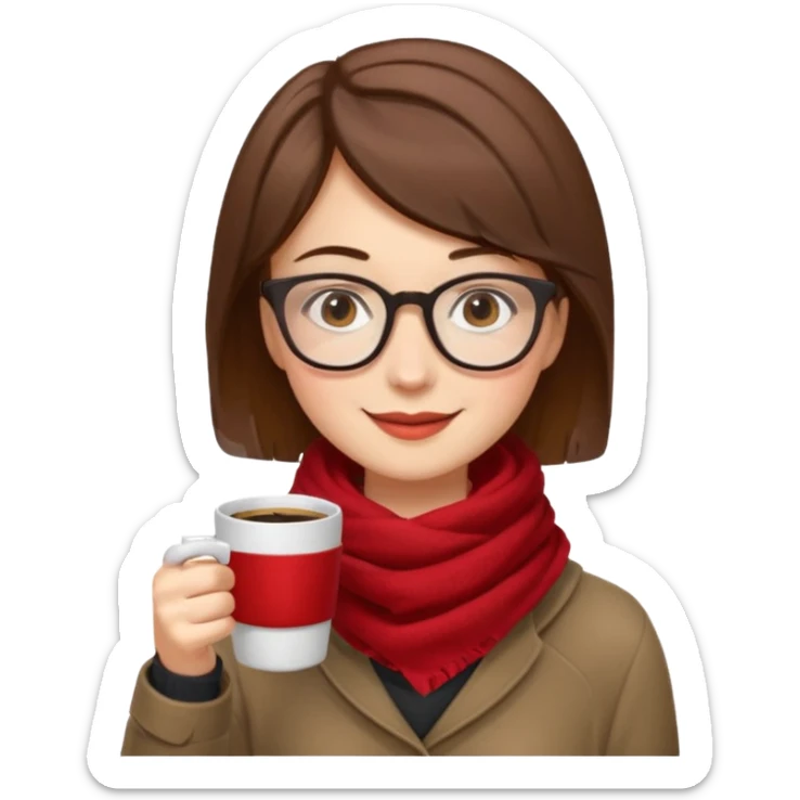a girl with brown short hair, having red scarf, wearing glasses, drink coffee, enjoy sticker
